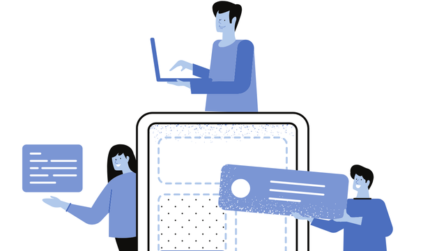 Illustration eines Teams, das Interface-Bausteine auf einem großen Smartphone-Bildschirm zusammensetzt