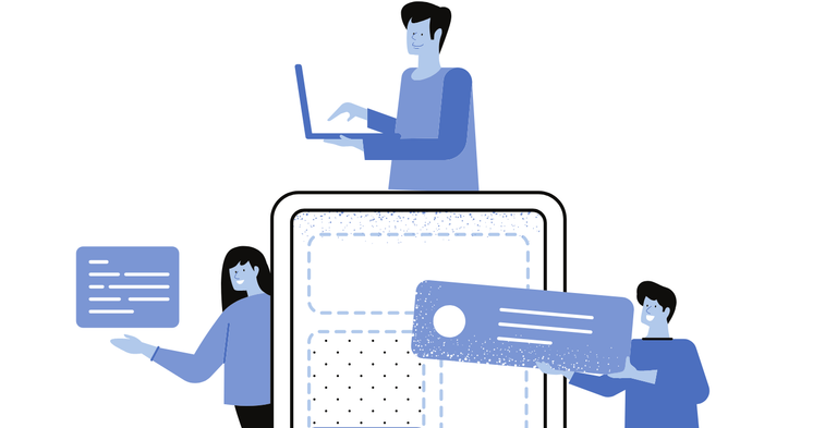 Illustration eines Teams, das Interface-Bausteine auf einem großen Smartphone-Bildschirm zusammensetzt